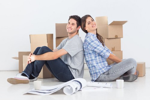 Packed office boxes and desks prepared for relocation